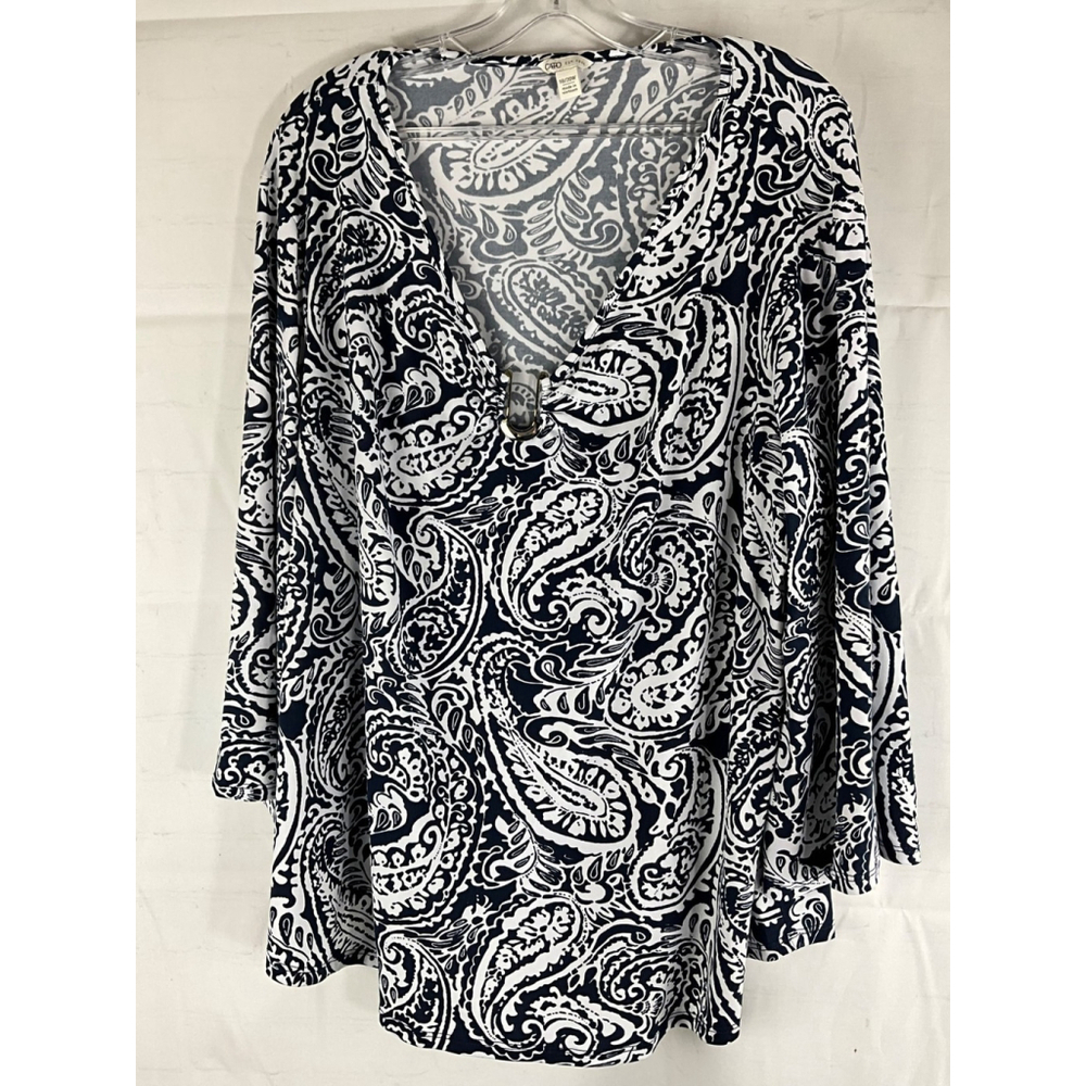 Cato Women's Paisley Print V-Neck Long Sleeve Tunic Top Blue/White L Used
